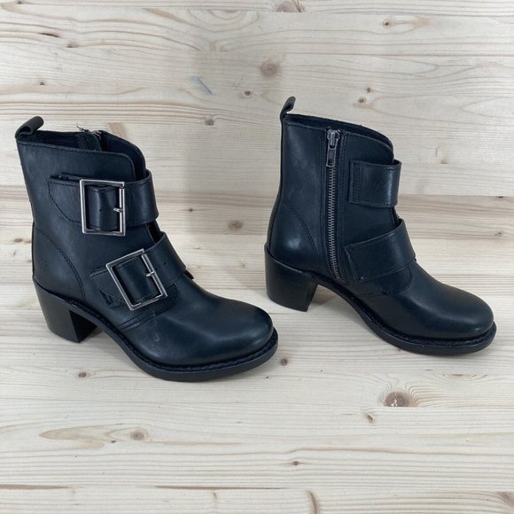 Frye Sabrina Double Buckle Black Leather Zipper Stacked Heels Mid Calf Boot 6M - Picture 6 of 16